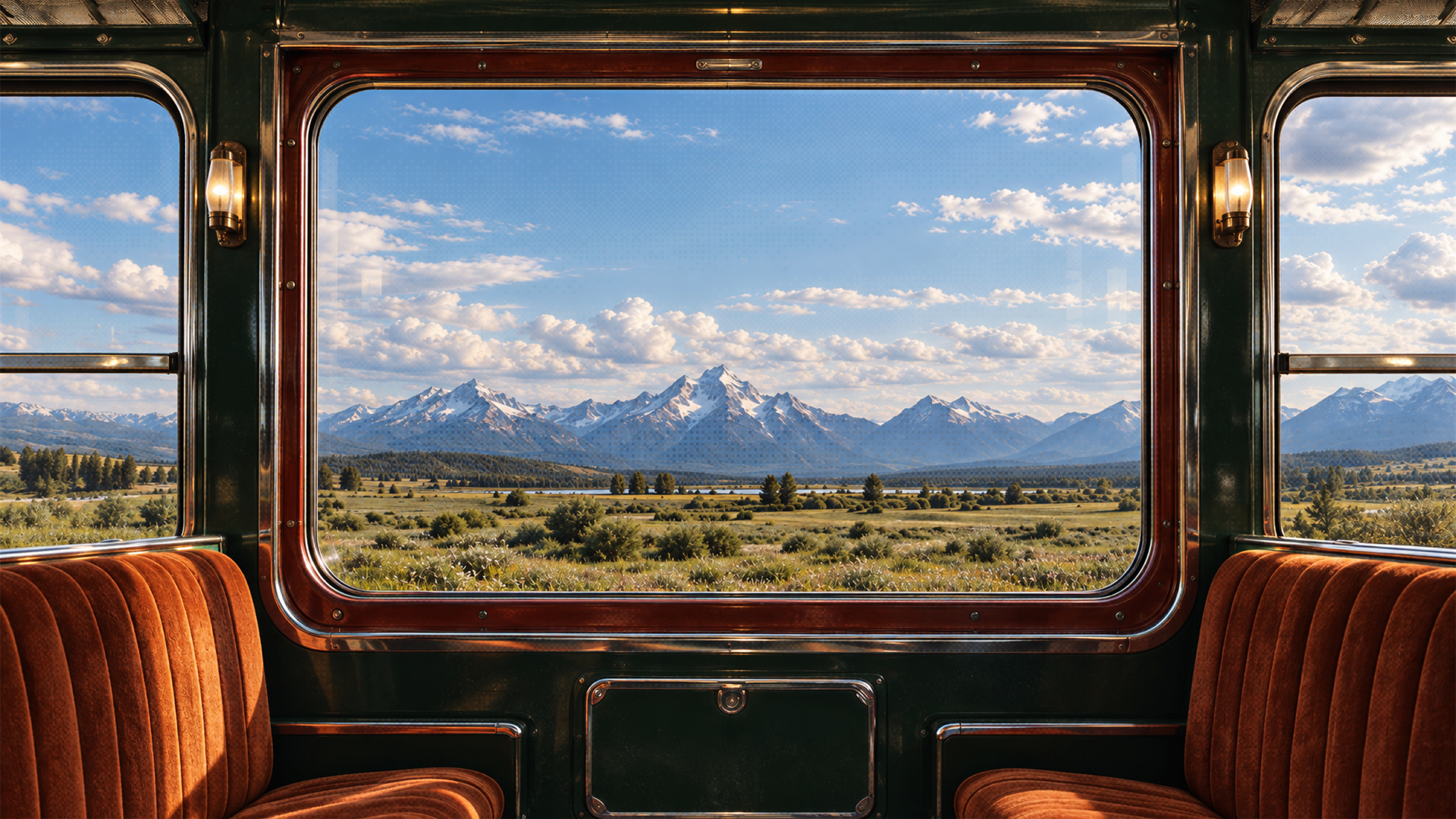 A vintage train window looking out onto open grassland and mountains